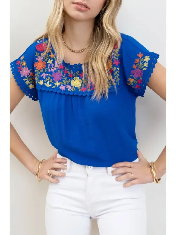Floral Embroidery Scallop Lace Trim Blouse in Royal Blue Satin Long Blouse