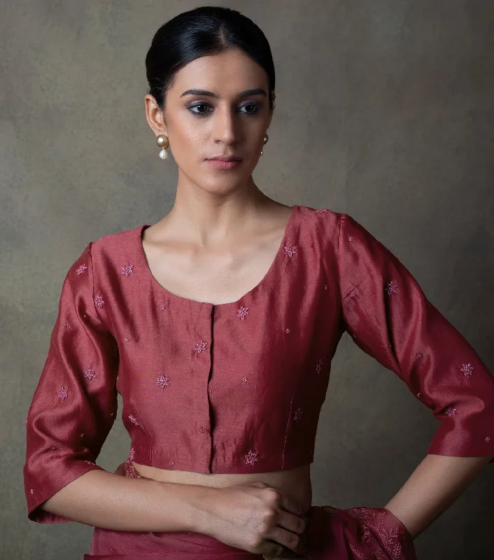 Rose Pink Hand Embroidered Chanderi Blouse Sheer Sleeve Blouse
