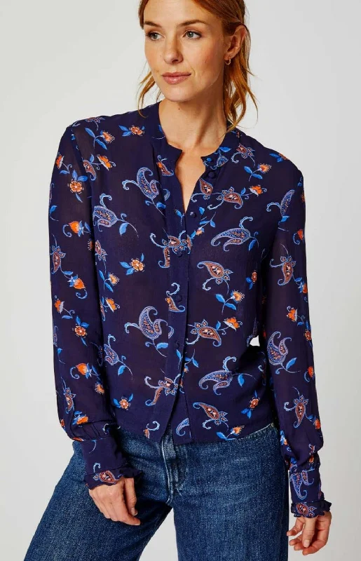 Maisie Viscose Georgette Shirt | Budding Paisley Navy/Orange-- Ribbed Striped Patterned Maisie Viscose Georgette Shirt | Budding Paisley Navy/Orange-- Ribbed Striped Patterned
