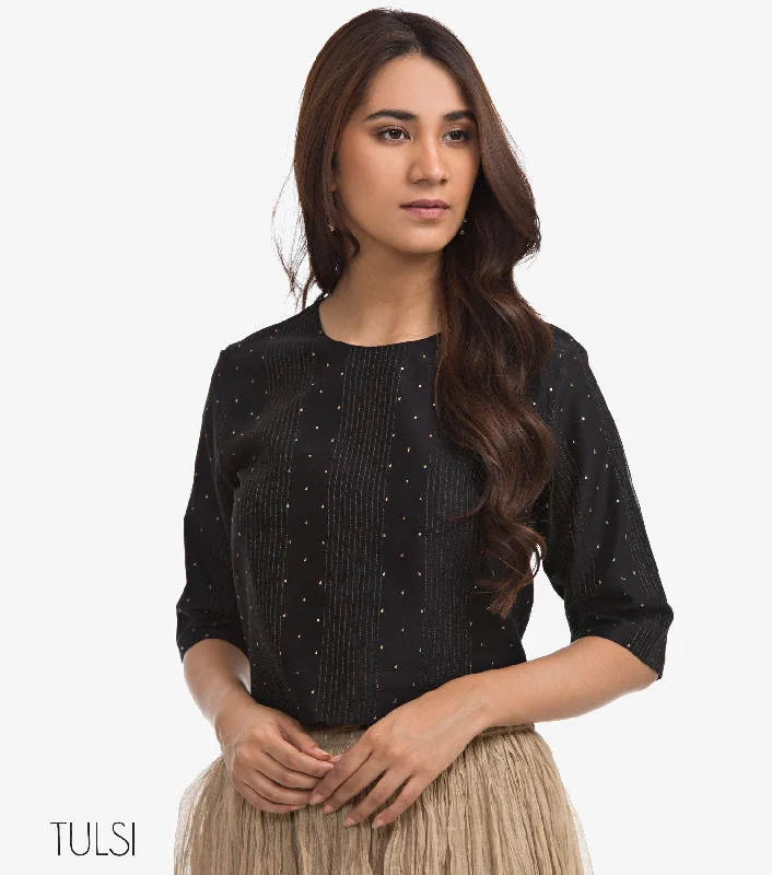 Black Sequins Embroidered Chanderi Blouse Casual Button Blouse