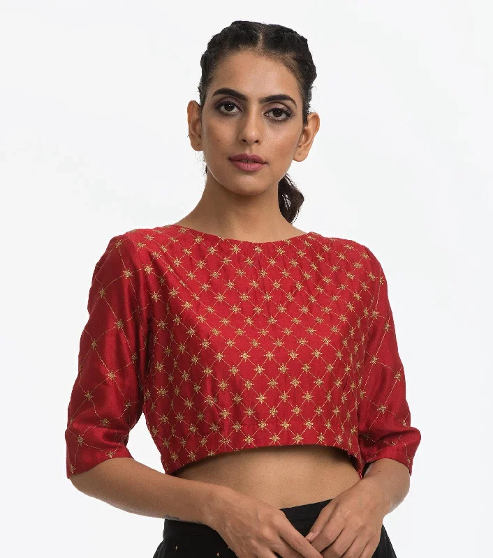 Red embroidered chanderi blouse Classic Minimalist Blouse