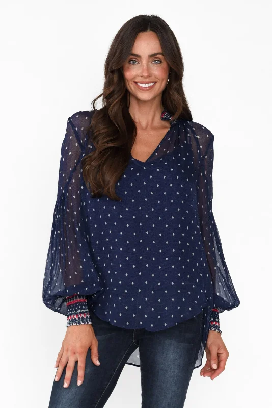 Phoenix Lapis Spot Shirred Blouse Sheer Mesh Blouse