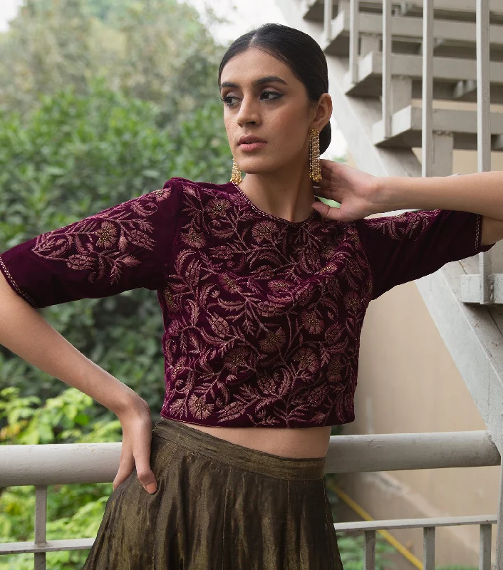 Wine Hand Embroidered Velvet Blouse Off-Shoulder Wrap Blouse