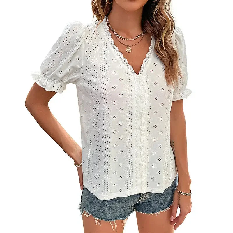 White Lace V-neck Blouse with Eyelet Design Chic Off-Shoulder Blouse