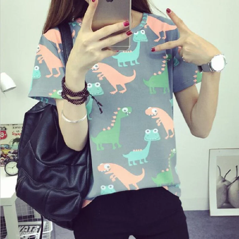 Retro Animal Dinosaur Printing T shirt Women Summer Japanese Harajuku Style Short-sleeved T-shirt Woman Tops S-XL -- Basic T-Shirt Crew Neck Short Sleeve Retro Animal Dinosaur Printing T shirt Women Summer Japanese Harajuku Style Short-sleeved T-shirt Woman Tops S-XL -- Basic T-Shirt Crew Neck Short Sleeve