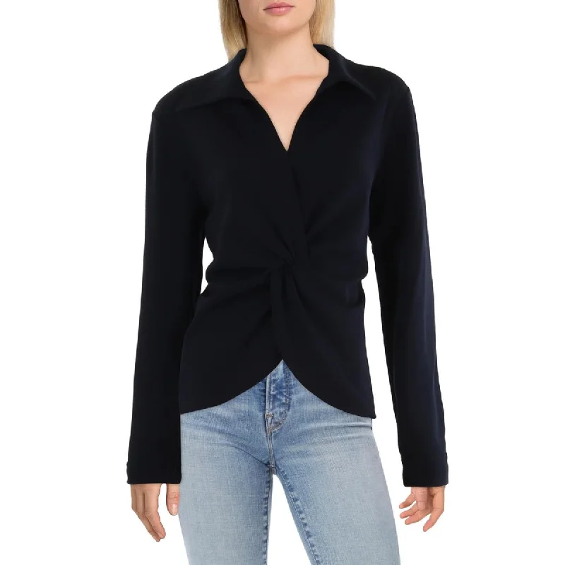 Womens Collared Long Sleeve Blouse Asymmetric Hem Blouse
