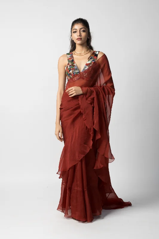 Ruby Ruffled Saree With Blouse Stylish Wrap Blouse