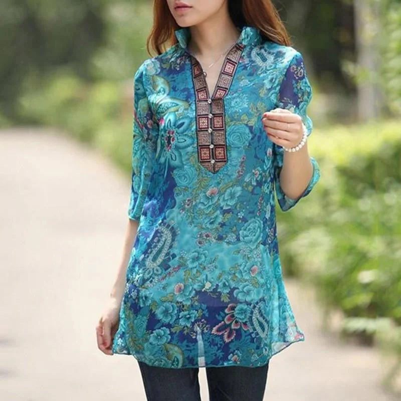 Women Floral Chiffon Vintage Embroidery V neck 3/4 Sleeve Blouse See Through Loose Long Shirt Dress Plus Size Textured Cotton Blouse Women Floral Chiffon Vintage Embroidery V neck 3/4 Sleeve Blouse See Through Loose Long Shirt Dress Plus Size Textured Cotton Blouse