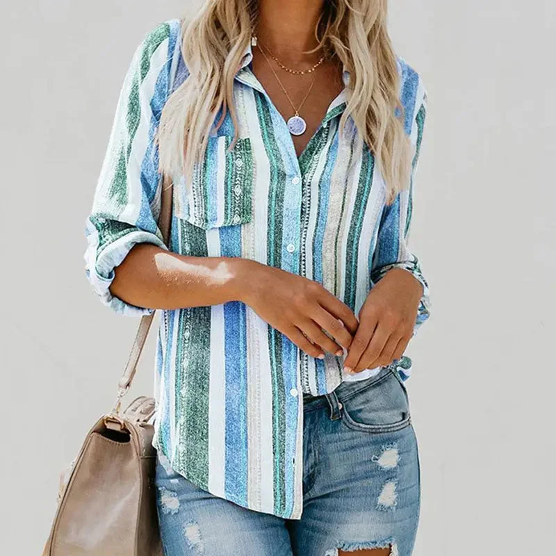 Long Sleeve Stripe Print Vintage Blouse Ruffled Neck Blouse