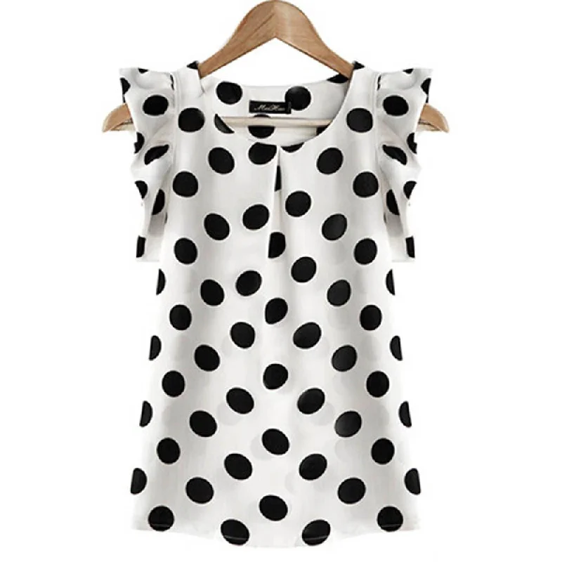 Womens Ladies Chiffon Puffed Short Sleeve Dot Print Tops Blouse High Neck Blouse