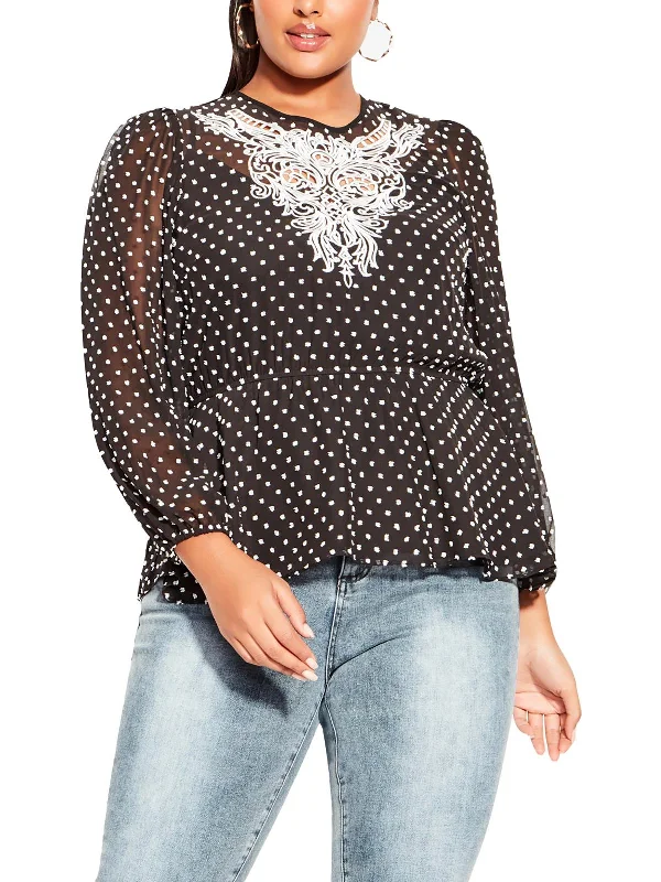 Plus Womens Embroidered Chiffon Blouse Silky Tunic Blouse