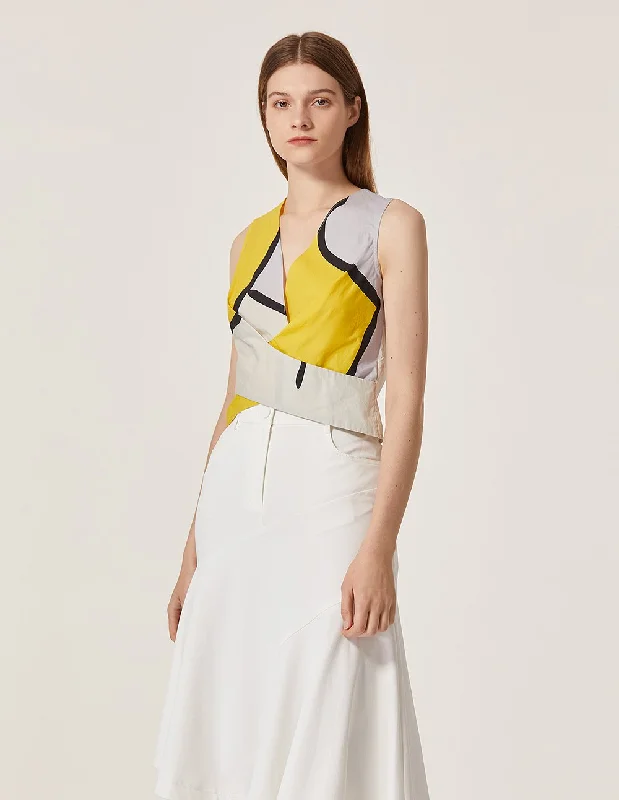MARYLING Cotton V Neck Contrast Color Sleeveless Cropped Blouse Subtle Shimmer Blouse