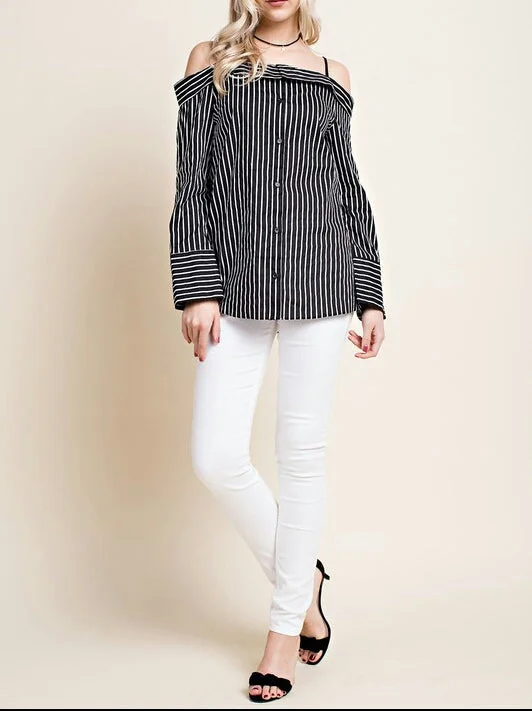 Black And White Stripe Off The Shoulder Blouses Modern Work Blouse