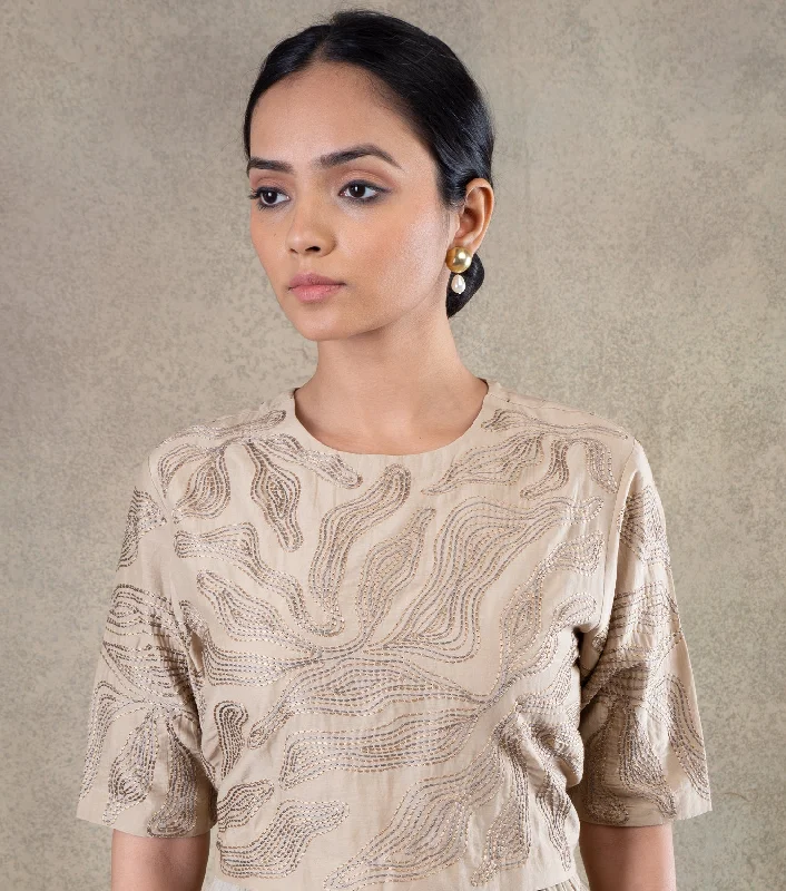 Beige embroidered Chanderi Blouse Textured Cotton Blouse