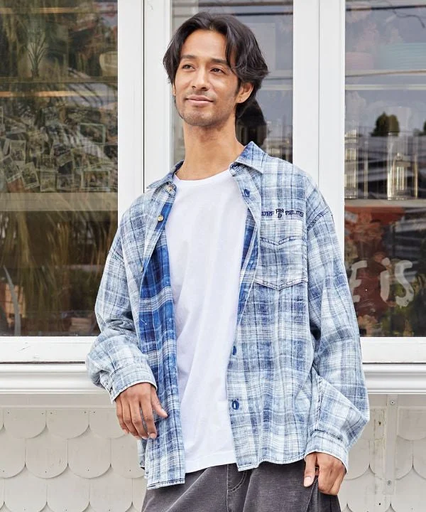 SURF＆Palms Bleached Check Shirt-- Notch Collar Peter Pan Collar Cowl Neck