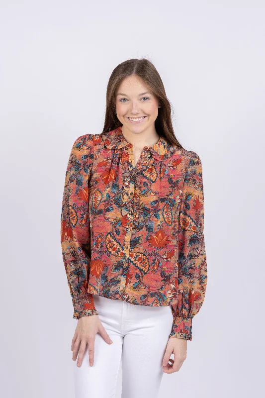Ulla Johnson Philipa Blouse in Coral Bloom Ruffled Neck Blouse