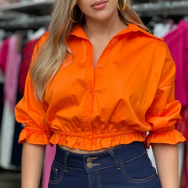 Women'S Fashion Solid Color Ruffle Short Sleeve Cropped Blouse Embroidered Floral Blouse