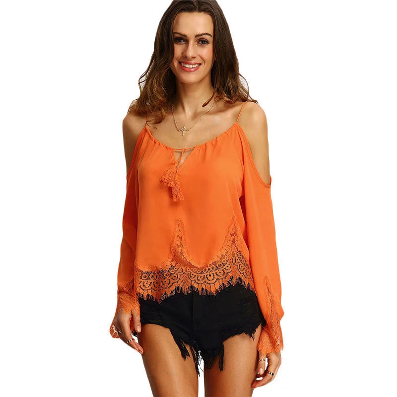 Clothes For Women Tops Womens Orange Cold Shoulder Long Flare Sleeve Lace Trim Beach Blouse Feminine Ruffle Blouse