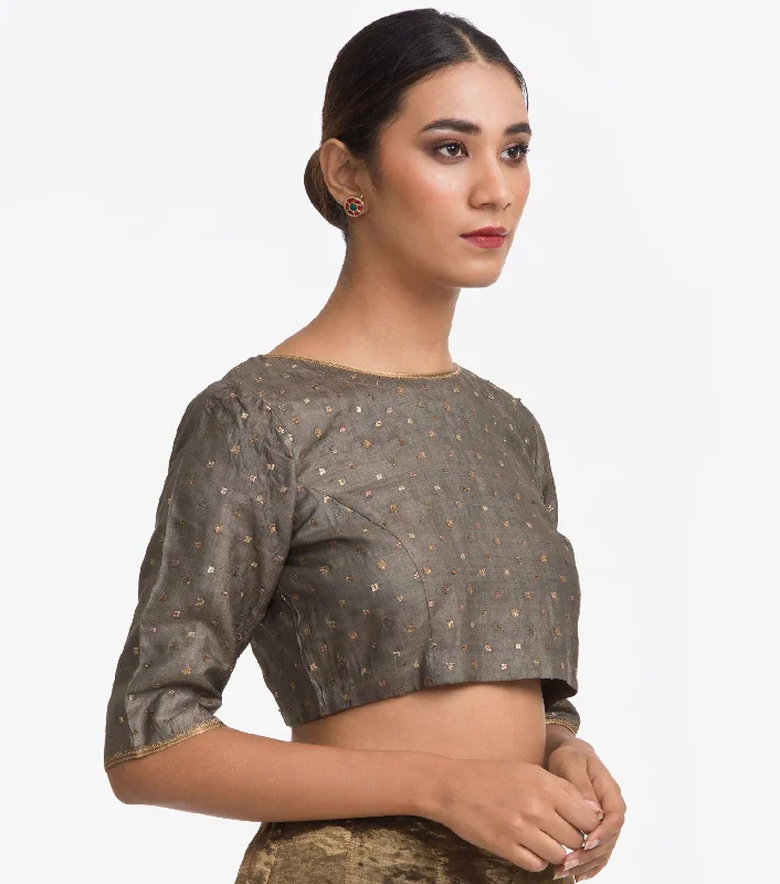 Grey Embellished Silk Blouse Playful Puff Blouse