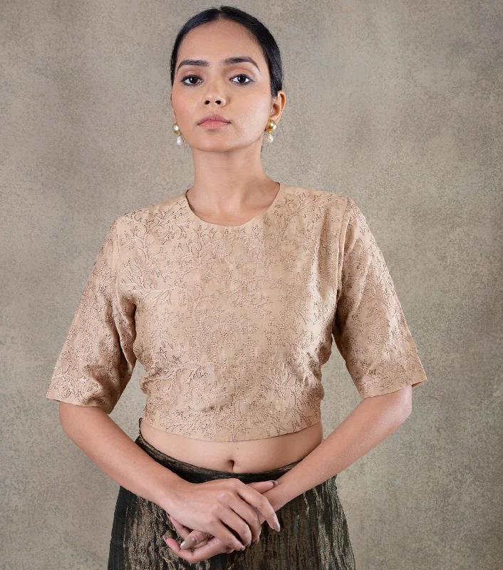 Beige embroidered Chanderi Blouse Backless Summer Blouse