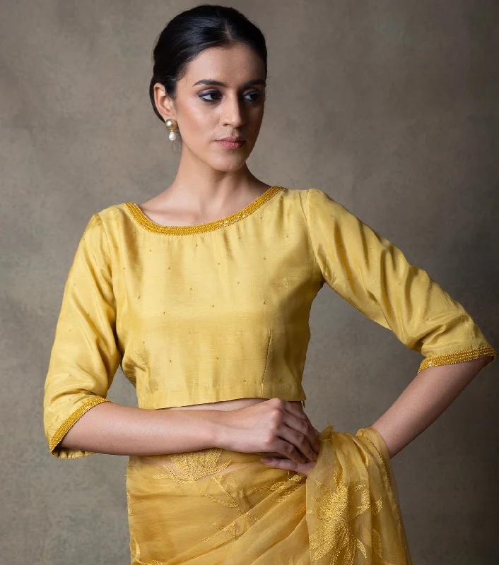 Yellow Hand Embroidered Cotton Silk Blouse Collared Satin Blouse