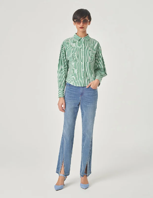MARYLING Green And White Striped Cotton Blouse Peter Pan Collar Blouse