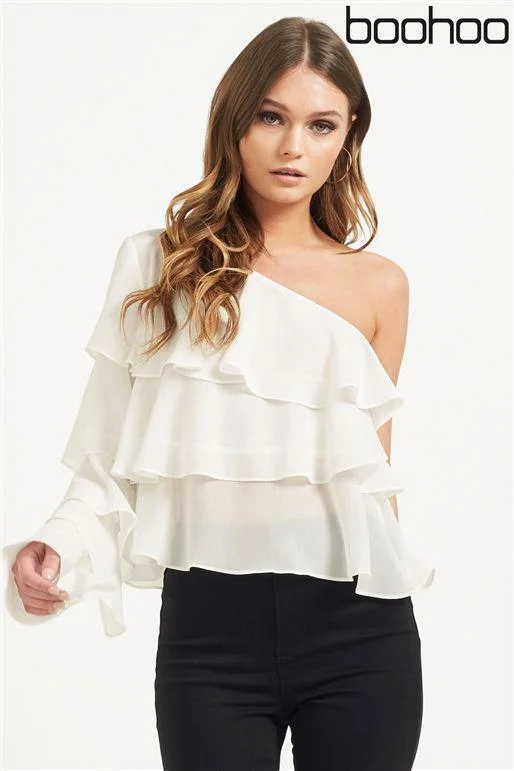 Boohoo One Shoulder Ruffle Womens Blouse Business Casual Blouse