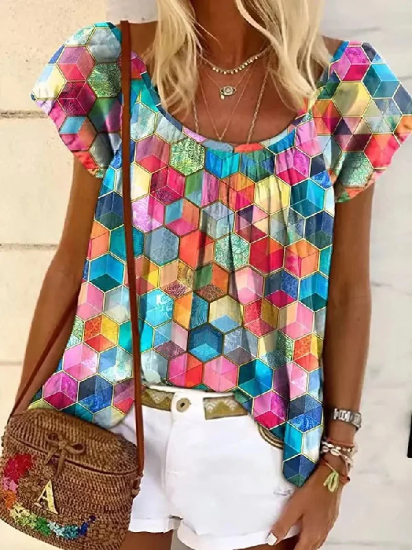 Round Neck Colorful Geometric Print Blouse Office Formal Blouse