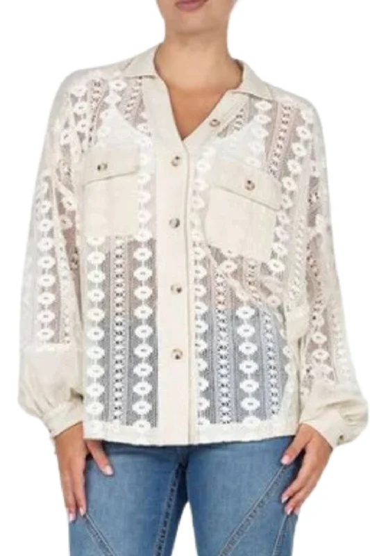 Mixed Media Button Down Blouse In Oatmeal Pleated Collar Blouse
