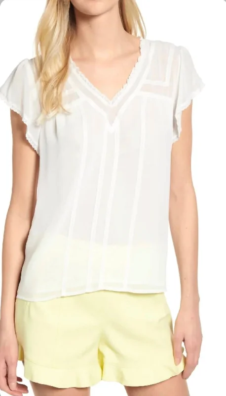 Short Sleeve V-Neck Blouse W/ Lace Trim Blouse In Ecru Boho Chic Blouse