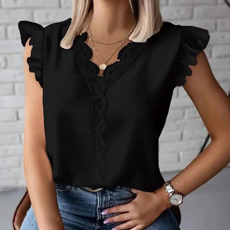 Simple Fashion V Neck Splicing Lace Blouses Women Spring Elegant Solid Cotton Casual Blouse