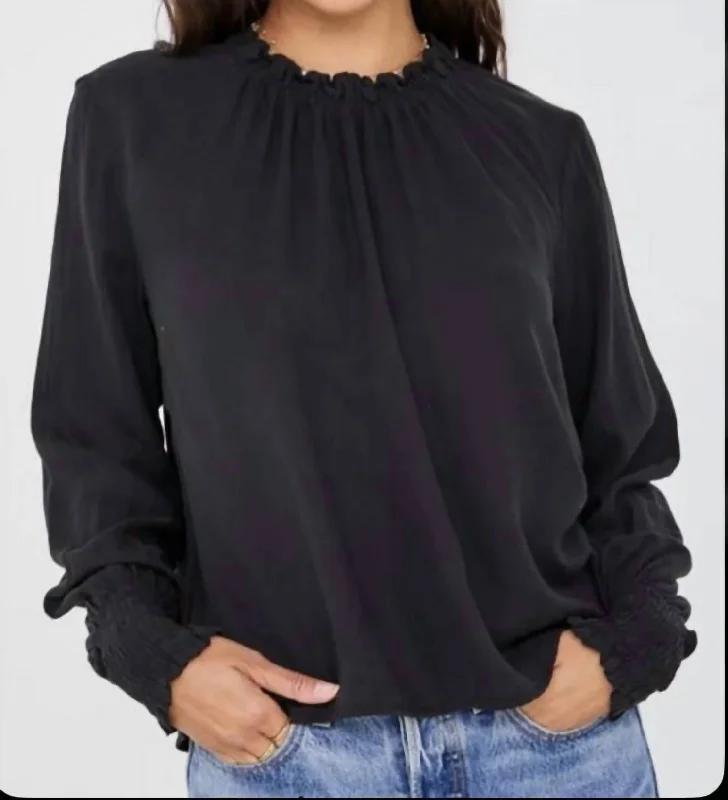 Elastic  Shirred Blouse In Black Silky Tunic Blouse