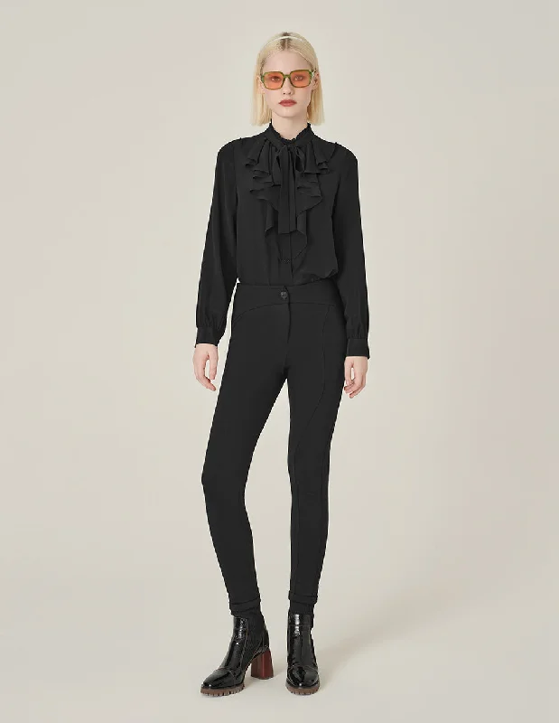 MARYLING Black Ruffled Long-Sleeved Silk Blouse Vintage Lace Blouse