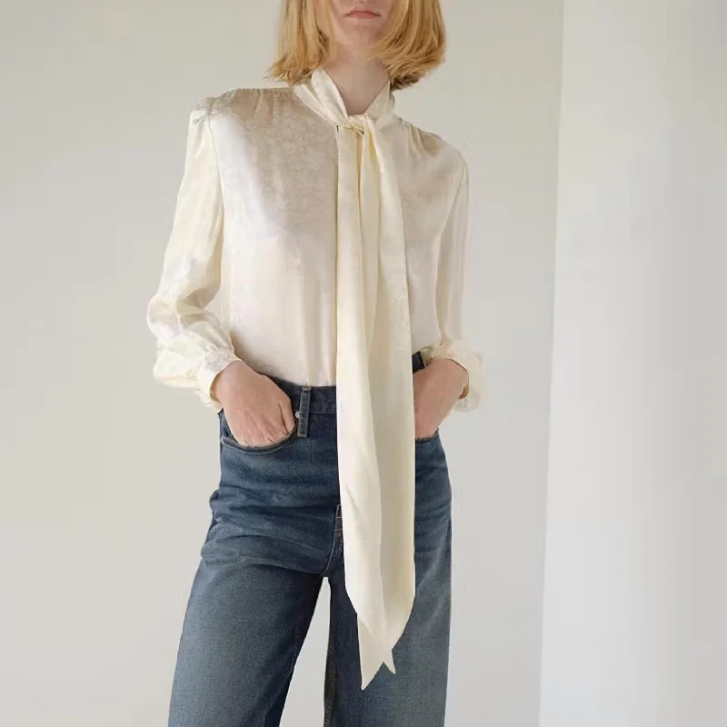 Femme Neck Tie Blouse In Cream Textured Cotton Blouse