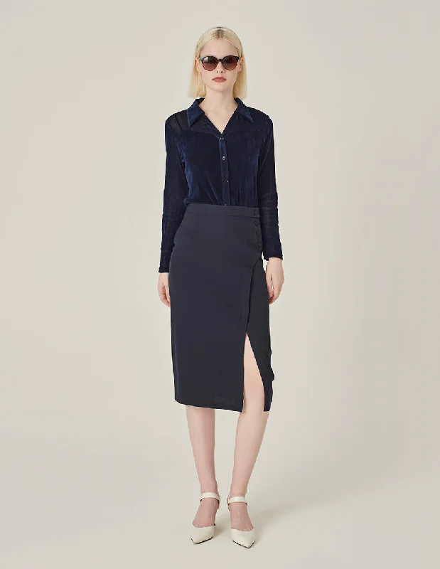 MARYLING Dark Blue Flocked Slim Blouse Classic Striped Blouse