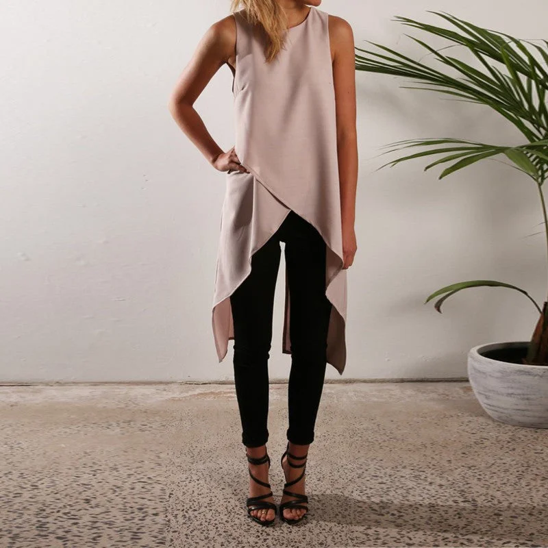 Plus Size Fashion Women Sleeveless Asymmetric Hem O Neck Long Top Solid Chiffon Style Blouses Puff Sleeve Blouse Plus Size Fashion Women Sleeveless Asymmetric Hem O Neck Long Top Solid Chiffon Style Blouses Puff Sleeve Blouse
