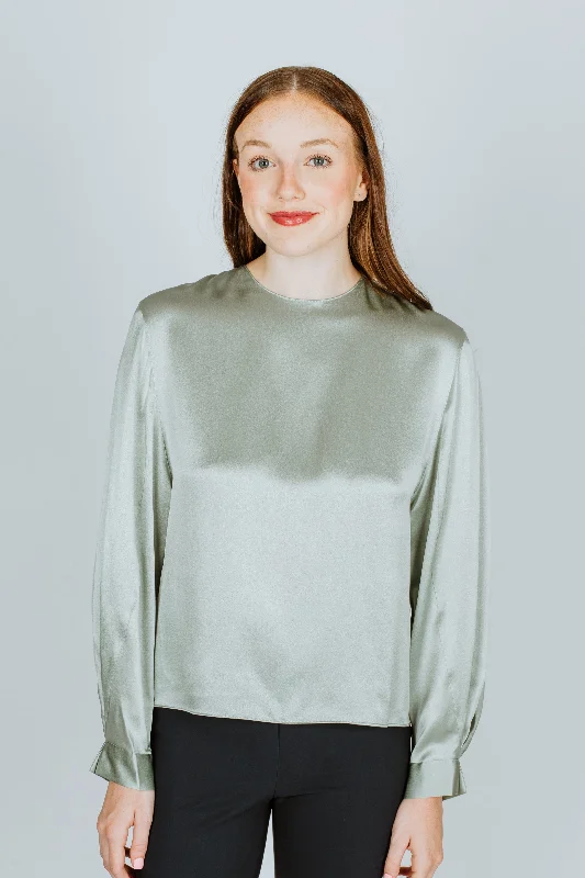 Vince Pleated Cuff Crew Neck Blouse Mint Glass Collared Satin Blouse