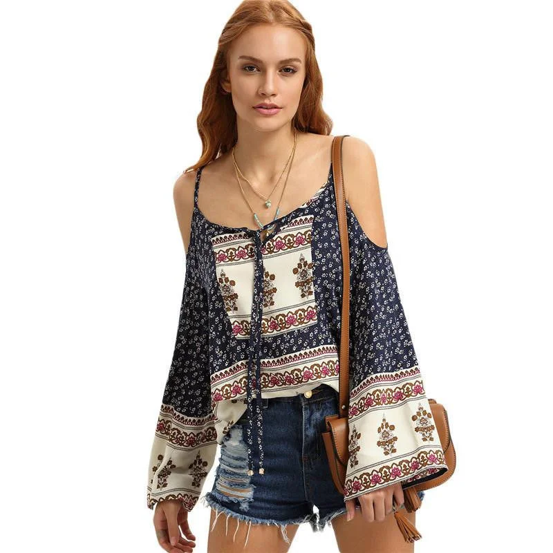 Womens Tops and Blouses For Ladies Multicolor Vintage Print Long Sleeve Cold Shoulder Tie-neck Blouse Short Sleeve Blouse Womens Tops and Blouses For Ladies Multicolor Vintage Print Long Sleeve Cold Shoulder Tie-neck Blouse Short Sleeve Blouse