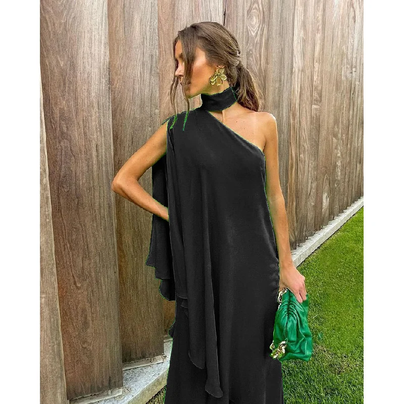 Fashion Women Irregular Sloping Shoulder Casual Loose Vacation Solid Color Blouse And Wide Leg Pants Two-Piece Set Relaxed Fit Blouse Fashion Women Irregular Sloping Shoulder Casual Loose Vacation Solid Color Blouse And Wide Leg Pants Two-Piece Set Relaxed Fit Blouse