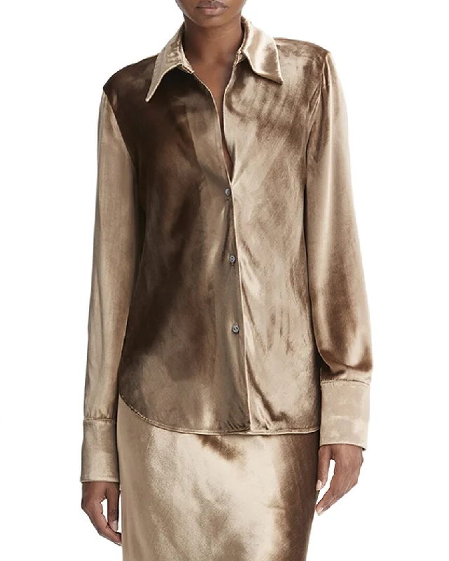 Vince Velvet Bias Silk-Blend Shirt-- Collared Crew Neck Turtle Neck
