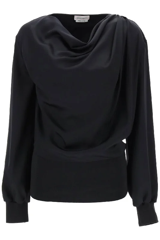 draped blouse in satin 778165 QBAAE BLACK Stylish Wrap Blouse