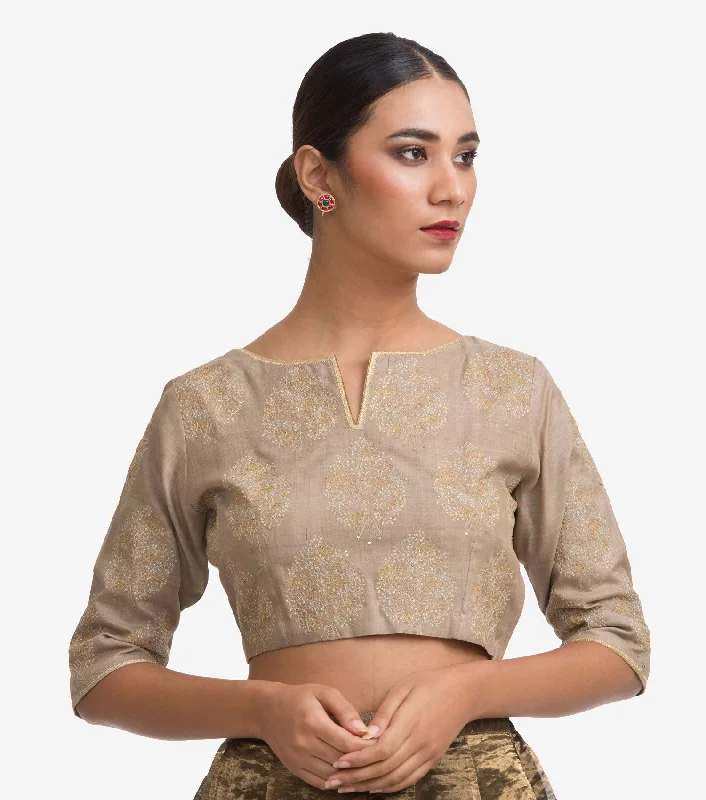 Beige Embroidered Chanderi Blouse Floral Chiffon Blouse