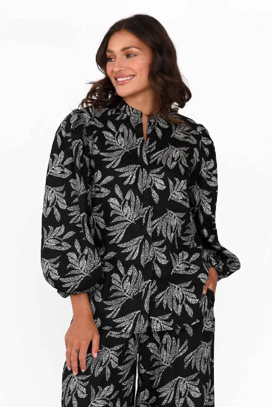 Finch Black Palm Linen Sleeved Blouse Modern Work Blouse