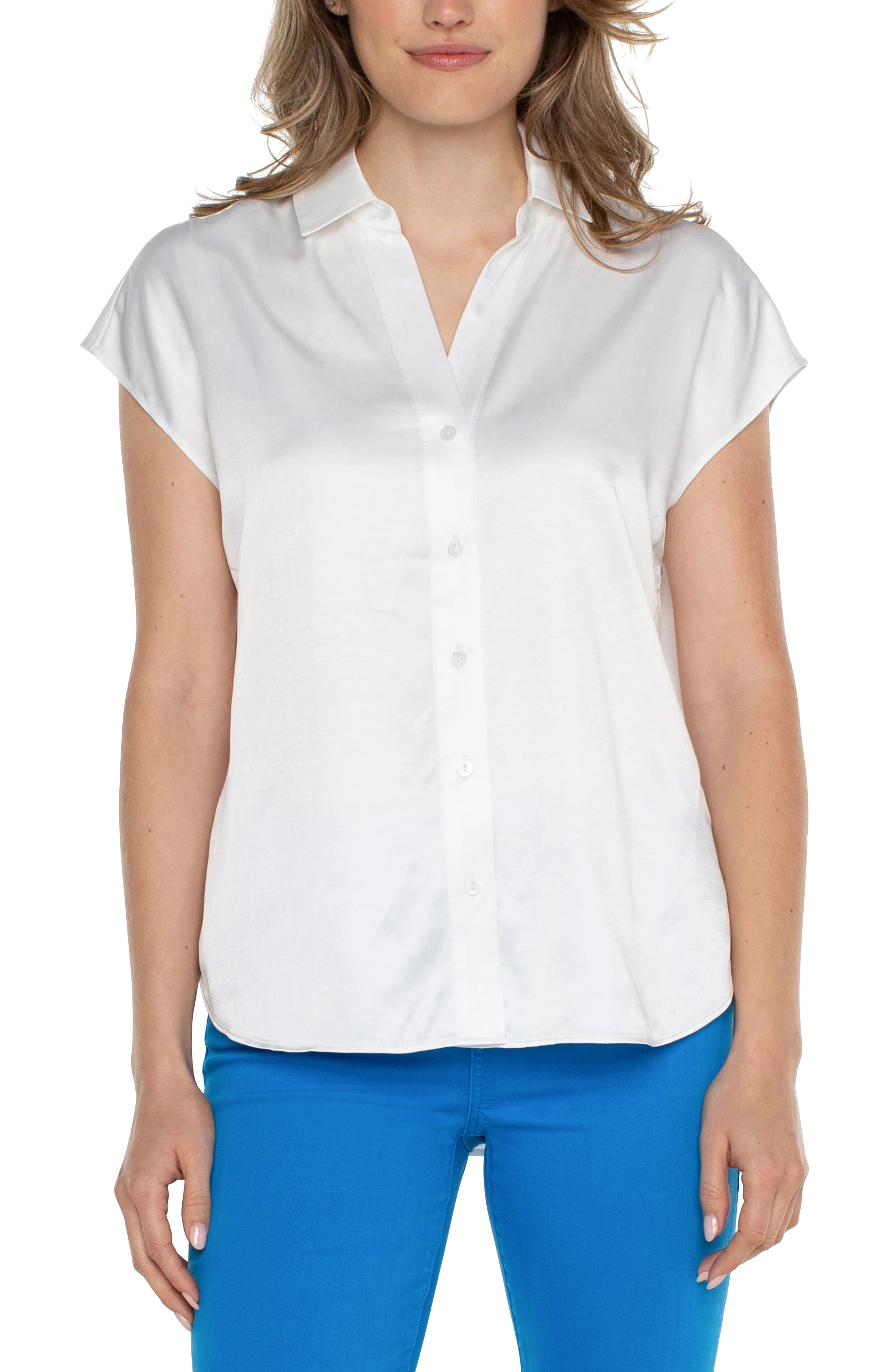 Button Front Dolman Sleeve Blouse - White Loose Oversized Blouse