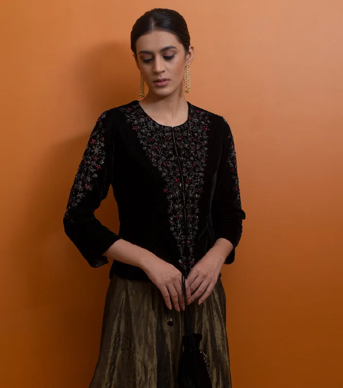 Black Hand Embroidered Velvet Blouse Feminine Pastel Blouse