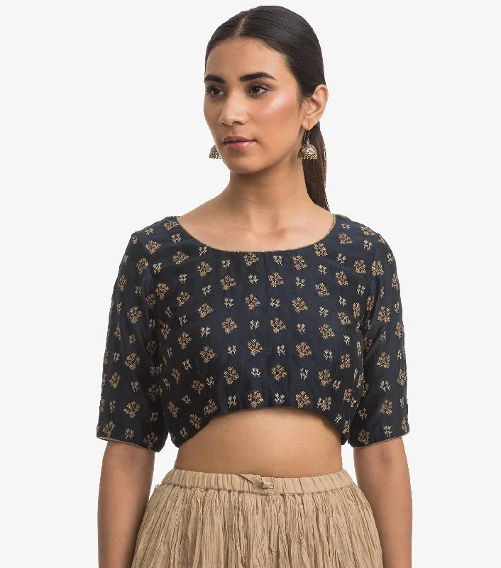 Navy Blue Embroidered Chanderi Blouse Off-Shoulder Wrap Blouse