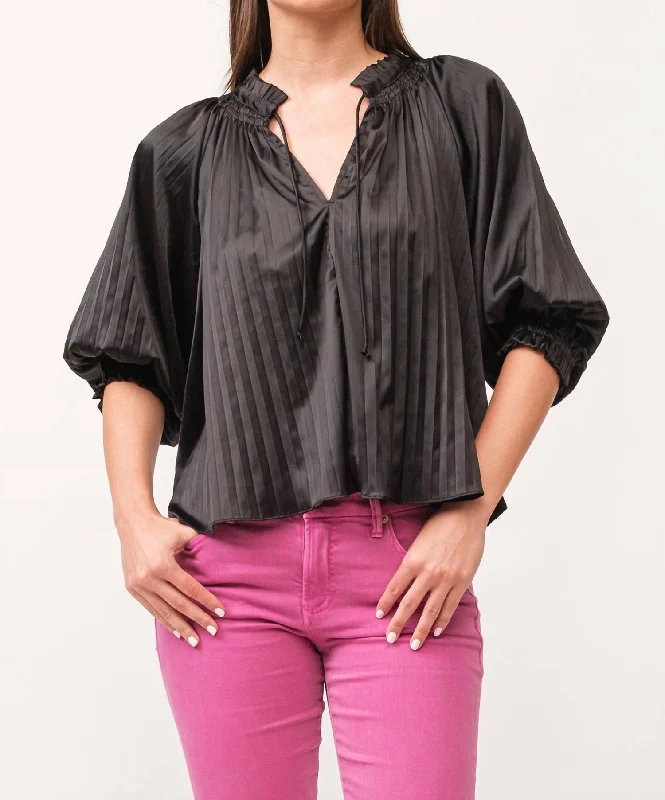 Anna Relaxed Fit Pleated Blouse In Black Oversized Silk Blouse