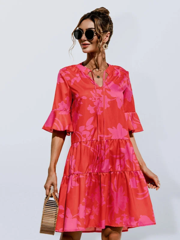 V-neck trumpet sleeve cake style stitching dress Tunics Handmade artisanal