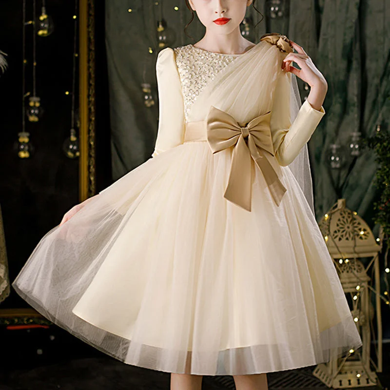 Flower Girl Dress Toddler Retro Dress Long Sleeve Sequin Bow Princess Dress Tunics Timeless classic