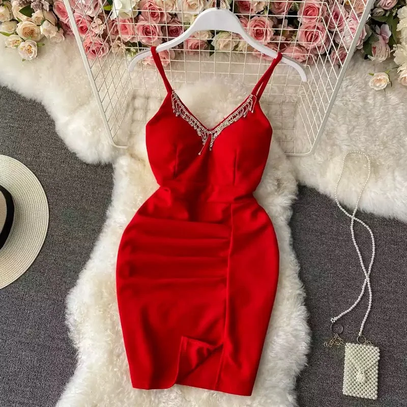 V-Neck Rhinestone Tassels Mini Dress Cozy Ruched Mini Dress